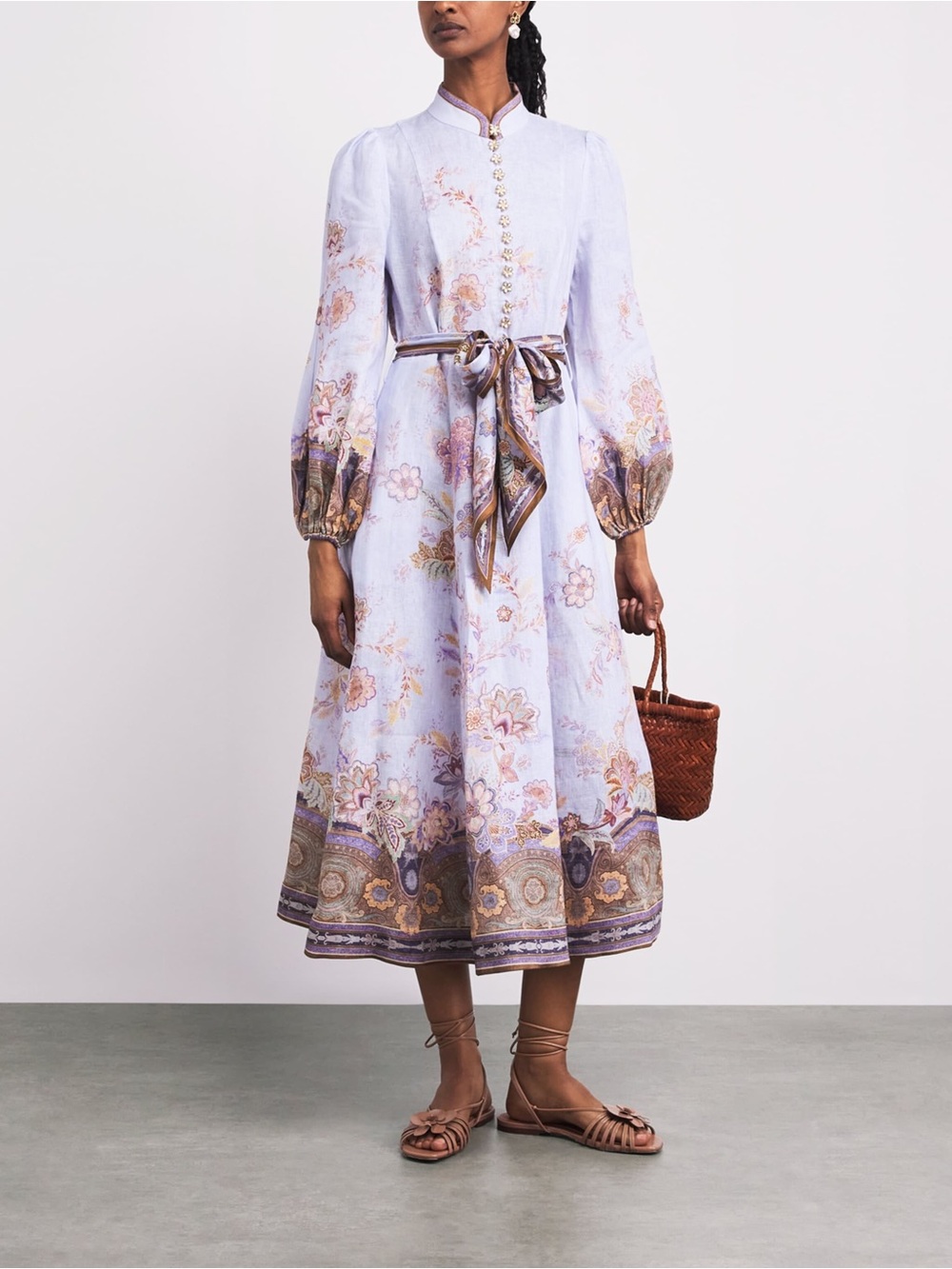 Zimmermann Lilac Floral-Print Long-Sleeve Midi Dress with Self-Tie Belt - Picture 5 of 12